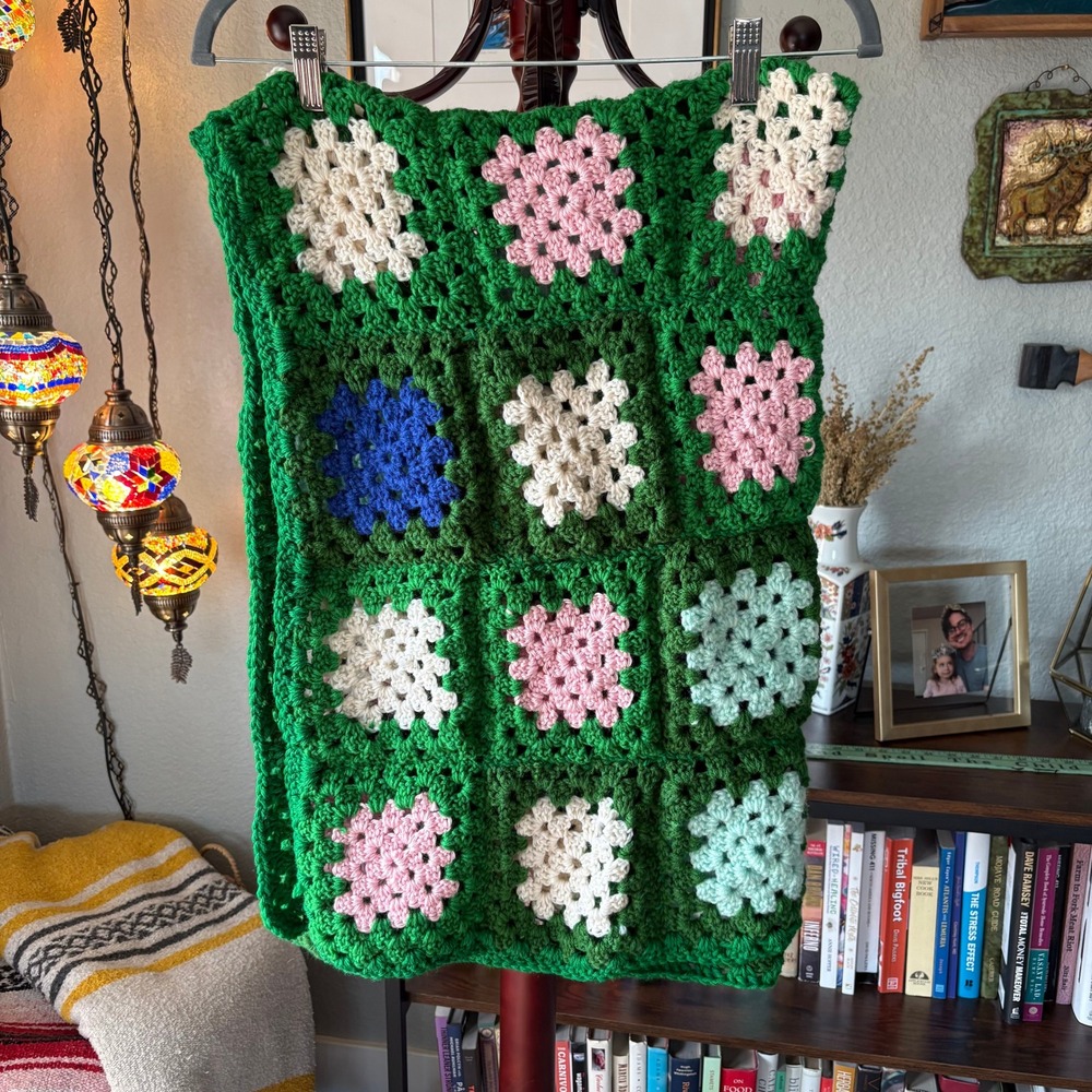 Handmade Crochet Granny Square Throw Blanket – Green‎ Floral Cottagecore
